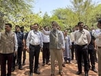 Delhi lieutenant governor Taranjit Singh Sandhu inspects the ongoing restoration and rejuvenation work at Sanjay Lake. (PTI)