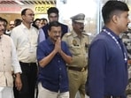 Former Delhi CM Arvind Kejriwal coming out of the Lucknow airport on June 25. (HT photo)