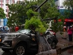 Mumbai, India. June 24, 2026 - A large tree collapsed near Pritam Da Dhaba in Dadar East due to heavy monsoon rains and strong winds in Mumbai. Mumbai City witnessed heavy rain and waterlogging in several parts, disrupting traffic. The India Meteorological Department (IMD) issued an orange alert to Mumbai and neighbouring Thane and Palghar districts. Mumbai, India. June 24, 2026. (Photo by Raju Shinde/HT Photo) (Raju Shinde)