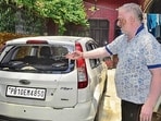One of the vandalised vehicles in Shimlapuri of Ludhiana. (Gurpreet Singh/HT)