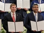 Secretary, Ministry of Electronics and Information Technology S Krishnan, right, and US Under Secretary of State Jacob Helberg at the second Pax Silica Summit, in Washington, DC, USA.
