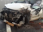 Remains of the mangled car as seen on Thursday. (HT)