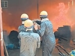 Three fire tenders were rushed to the spot at the scrap facility after a call about a blaze was received. It was found that the scrap material stored at the facility had caught fire. (Sakib Ali/HT Photo)