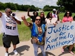 Supporters for Karmelo Anthony demonstrate in front of the Collin County courthouse Thursday, June 4, 2026, in McKinney, Texas. (AP Photo/Tony Gutierrez)