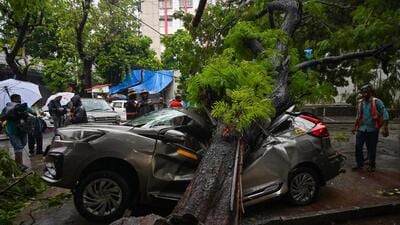 On Wednesday, a large tree collapsed on car near Pritam Da Dhaba in Dadar East amid heavy rains. (HT Photo) On Wednesday, a large tree collapsed on car near Pritam Da Dhaba in Dadar East amid heavy rains. (HT Photo)