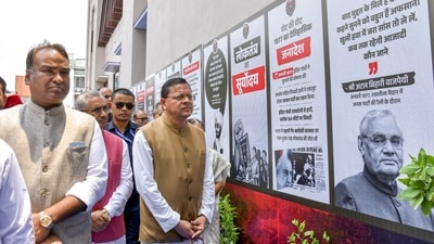 Uttarakhand Chief Minister Pushkar Singh Dhami during the Samvidhan Hatya Diwas, marking the 51st anniversary of the Emergency's imposition, in Dehradun, Thursday, June 25, 2026. (PTI) Uttarakhand Chief Minister Pushkar Singh Dhami during the Samvidhan Hatya Diwas, marking the 51st anniversary of the Emergency's imposition, in Dehradun, Thursday, June 25, 2026. (PTI)