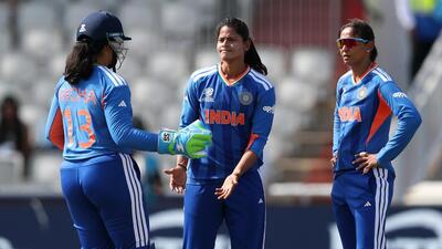 Radha (3/28) had a good day with the ball as she removed opposition captain Nigar Sultana. (BCCI / X) Radha (3/28) had a good day with the ball as she removed opposition captain Nigar Sultana. (BCCI / X)
