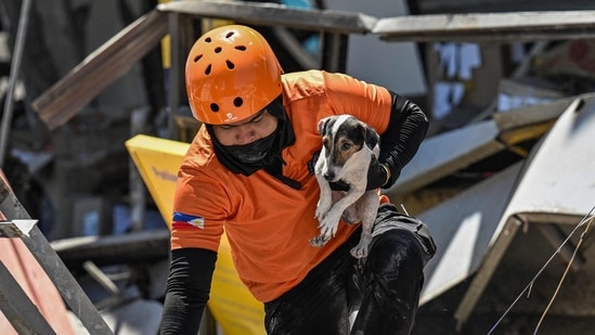 A responder carries a rescue dog while conducting search and rescue operations in a collapsed building after a 7.8 magnitude earthquake in General Santos City A responder carries a rescue dog while conducting search and rescue operations in a collapsed building after a 7.8 magnitude earthquake in General Santos City