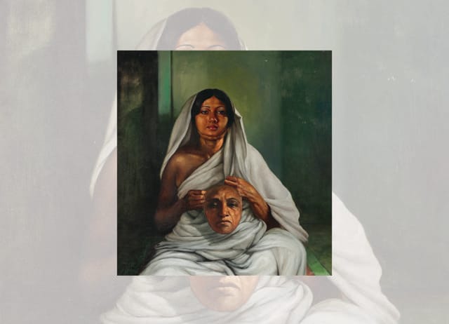 In Portrait of Bala Dasi (1980), which is the mask: The one in the widow’s hand or the one on her face? (CHRISTIE’S) In Portrait of Bala Dasi (1980), which is the mask: The one in the widow’s hand or the one on her face? (CHRISTIE’S)