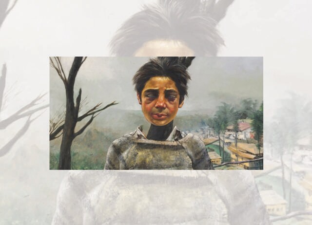 Boy From Simla (1982) depicts a figure of a young boy in a ratty sweater with his head floating over his body. (SAFFRON ART) Boy From Simla (1982) depicts a figure of a young boy in a ratty sweater with his head floating over his body. (SAFFRON ART)
