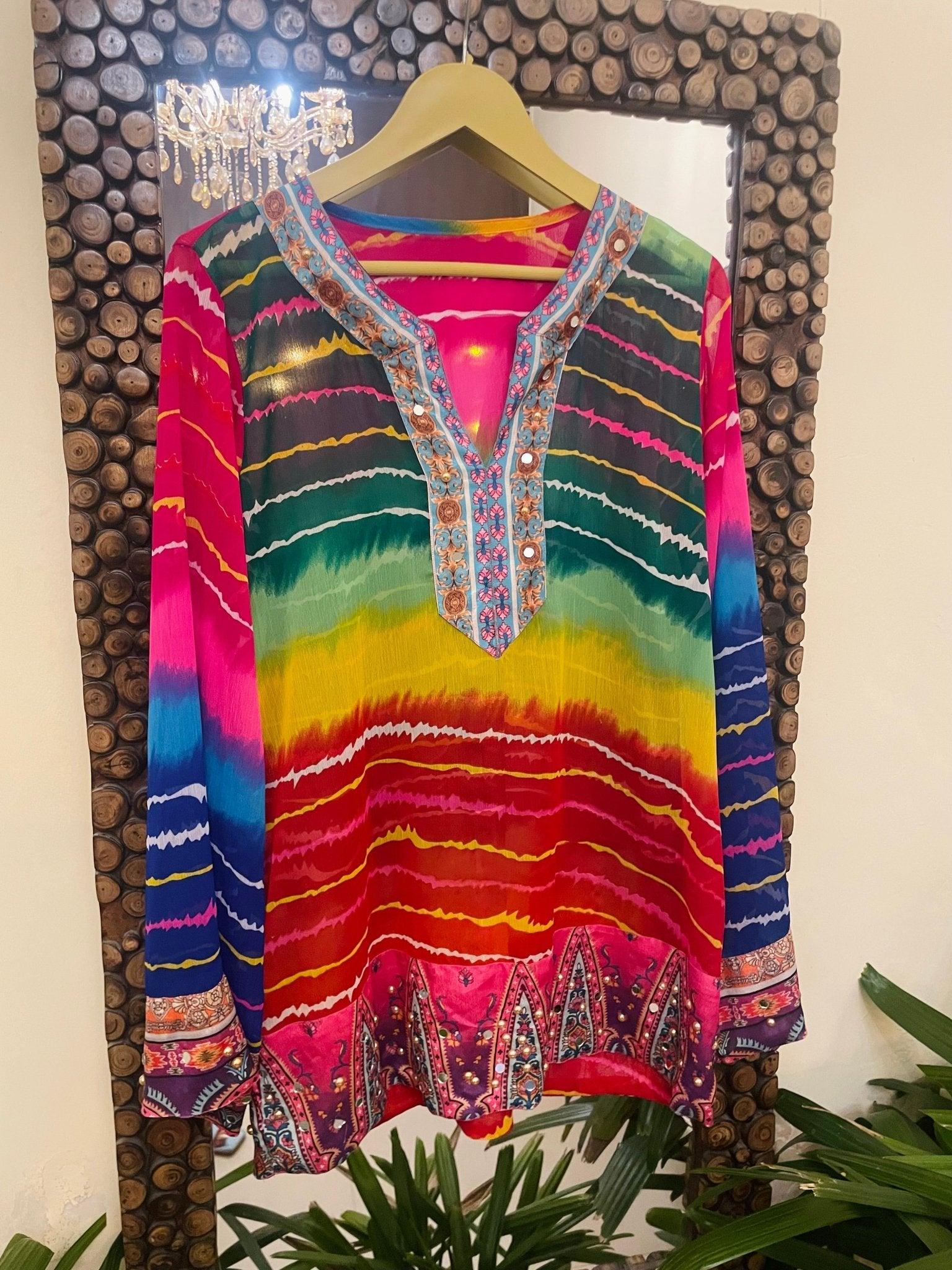 Inspired by Rajasthan’s iconic dyeing tradition, the kurti features a mesmerising blend of multicoloured leheriya pattern. (Banjara Trail) Inspired by Rajasthan’s iconic dyeing tradition, the kurti features a mesmerising blend of multicoloured leheriya pattern. (Banjara Trail)