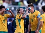 Australia takes a drink during a hydration break in the FIFA World Cup 2026 match between Paraguay and Australia at San Francisco Bay Area Stadium on June 25, 2026 in Santa Clara, California. (Getty Images)