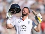 England's Ben Duckett celebrates after reaching his century. 