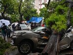 On Wednesday, a large tree collapsed on car near Pritam Da Dhaba in Dadar East amid heavy rains. (HT Photo)