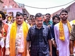 AAP National Convenor Arvind Kejriwal along with MP Sanjay Singh leaves after their visit to Hanumangarhi Temple, in Ayodhya.