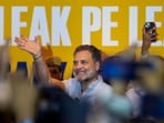 Lok Sabha LoP Rahul Gandhi waves during the Chhatron Ki Goonj rally, as part of the Congress party's campaign on paper leaks and youth issues, in Kota, June 17
