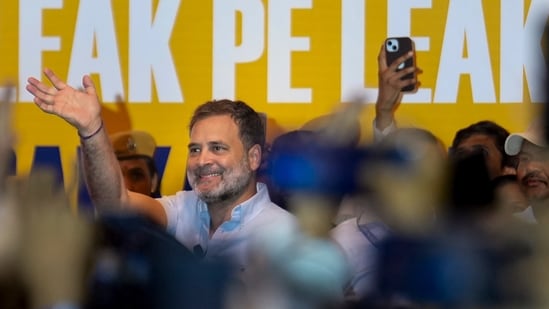 Lok Sabha LoP Rahul Gandhi waves during the Chhatron Ki Goonj rally, as part of the Congress party's campaign on paper leaks and youth issues, in Kota, June 17 (PTI)