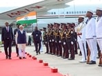 Prime Minister Narendra Modi with Seychelles President Patrick Herminie as he receives a ceremonial welcome on his arrival at the airport, in Victoria on Saturday.