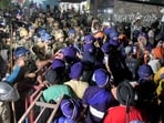 A 'jatha'of Nihang organisations coming from Mohali's Gurdwara Singh Shaheedan being stopped by the police at the Himachal-Uttarakhand border, in Dehradun, Thursday, June 25, 2026. 
