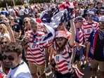 Fans arrive at SoFi Stadium to attend the match between USA and Paraguay in Inglewood, Calif.