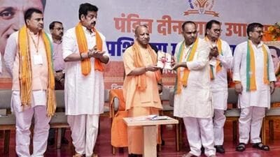 CM Yogi Adityanath, BJP MP Ravi Kishan and others at the inaugural session of the Pandit Deendayal Upadhyay Prashikshan Maha Abhiyan-2026 in Gorakhpur on Saturday. (PTI PHOTO) CM Yogi Adityanath, BJP MP Ravi Kishan and others at the inaugural session of the Pandit Deendayal Upadhyay Prashikshan Maha Abhiyan-2026 in Gorakhpur on Saturday. (PTI PHOTO)