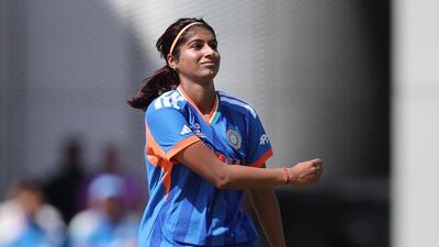 Nandni Sharma has been India’s most successful seamer at the T20 World Cup with three wickets in three matches, but she has conceded 71 runs in 49 balls. (BCCI Women / x) Nandni Sharma has been India’s most successful seamer at the T20 World Cup with three wickets in three matches, but she has conceded 71 runs in 49 balls. (BCCI Women / x)