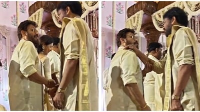 K Bhagyaraj was seen interacting with Chiranjeevi at the wedding. K Bhagyaraj was seen interacting with Chiranjeevi at the wedding.
