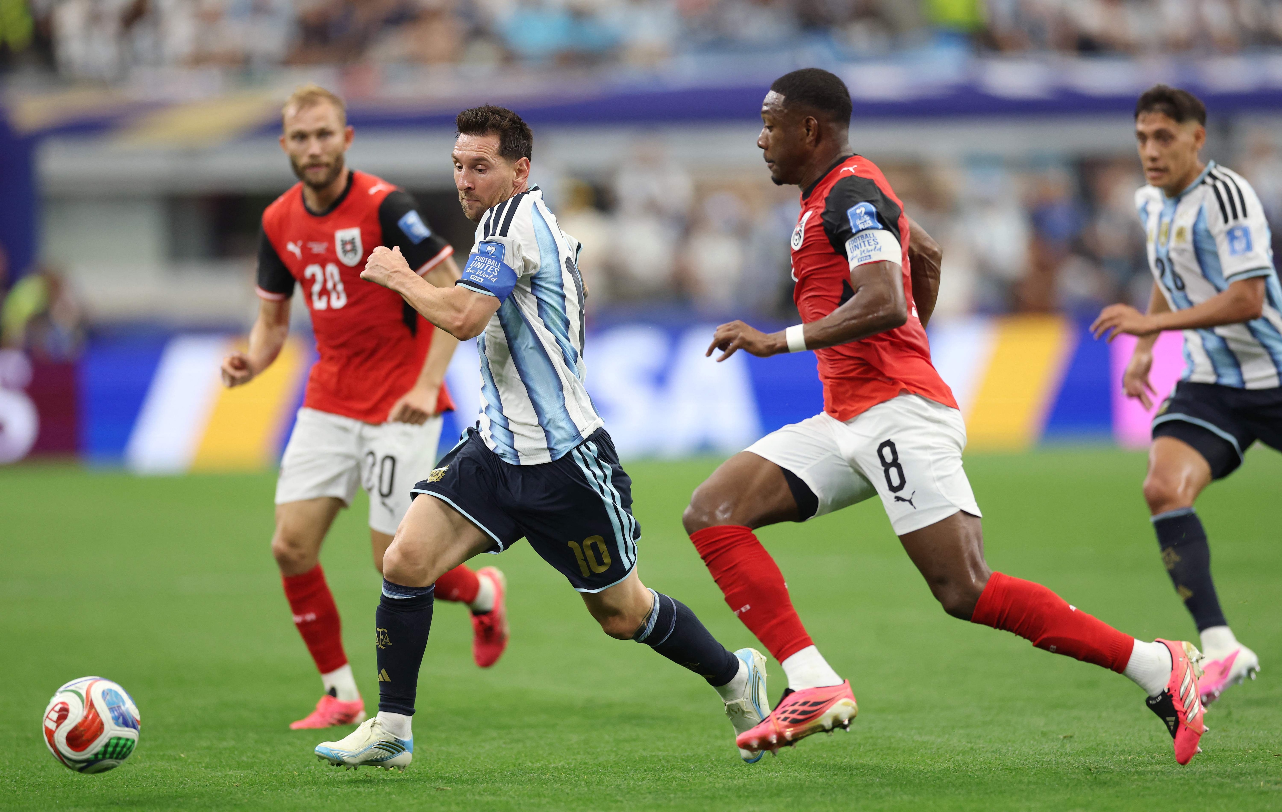 DALLAS, TEXAS - JUNE 22: Lionel Messi #10 of Argentina controls the ball against David Alaba #8 of Austria during the FIFA World Cup 2026 Group J match between Argentina and Austria at Dallas Stadium on June 22, 2026 in Dallas, Texas. Michael Steele/Getty Images/AFP (Photo by MICHAEL STEELE / GETTY IMAGES NORTH AMERICA / Getty Images via AFP) (Getty Images via AFP) DALLAS, TEXAS - JUNE 22: Lionel Messi #10 of Argentina controls the ball against David Alaba #8 of Austria during the FIFA World Cup 2026 Group J match between Argentina and Austria at Dallas Stadium on June 22, 2026 in Dallas, Texas. Michael Steele/Getty Images/AFP (Photo by MICHAEL STEELE / GETTY IMAGES NORTH AMERICA / Getty Images via AFP) (Getty Images via AFP)