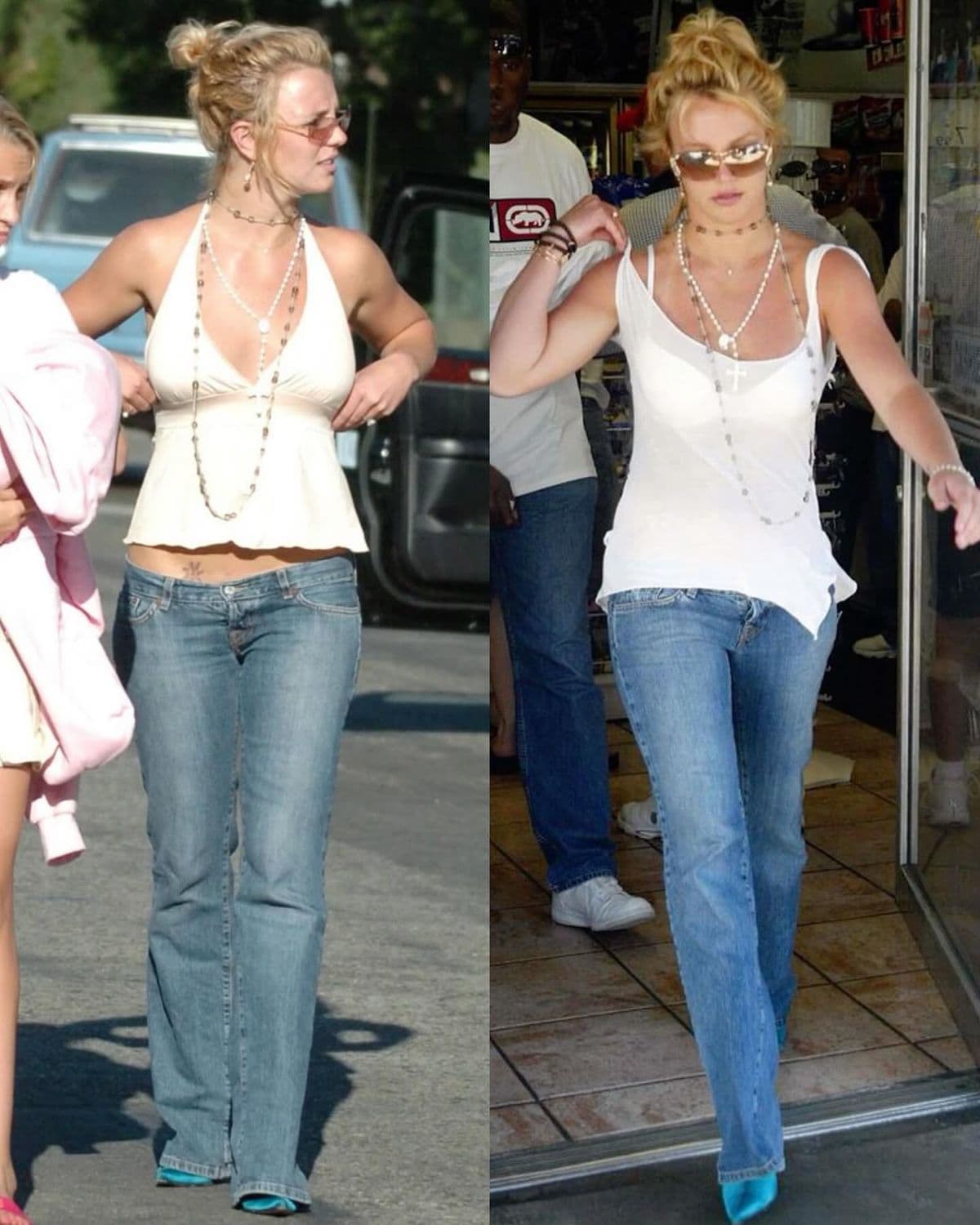 Britney Spears would often wear tank tops and slip dresses with jeans. Britney Spears would often wear tank tops and slip dresses with jeans.