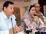 (From left) Jammu & Kashmir agriculture minister Javid Ahmad Dar , health minister Sakina Itoo and advisor to the chief minister Nasir Aslam Wani during a press conference at SKICC, in Srinagar on Sunday. (ANI)