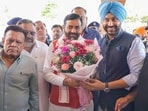 Haryana CM Nayab Singh Saini being welcomed in Ludhiana on Sunday. (HT Photo)