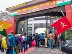 Kailash Mansarovar Yatris gather at Nathu La during the flagging off of the first batch of the pilgrimage by Sikkim Governor Om Prakash Mathur, in Gangtok, Sikkim, Saturday, June 20, 2026. 