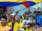 Soccer Football - FIFA World Cup 2026 - Group K - Colombia v Portugal - Fans gather in Hollywood - Hollywood, Florida, U.S. - June 27, 2026 Colombia fans wave flags as they watch the match at Tardes Calenas Bar Restaurant in Hollywood, Florida IMAGN IMAGES via Reuters/Jeff Romance