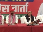 Samajwadi Party president Akhilesh Yadav addressing media persons in Civil Lines on the first day of his two-day visit to Prayagraj on Sunday. (Anil Kumar Maurya/HT)