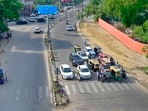 The dug up area for constructing slipway at Mall Road-Bharat Nagar Chowk in Ludhiana on Sunday. (Gurpreet Singh/HT)