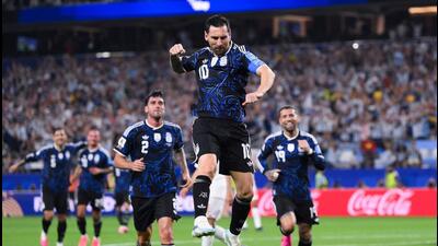 Lionel Messi of Argentina celebrates after scoring against Jordan at the Dallas Stadium. (AFP) Lionel Messi of Argentina celebrates after scoring against Jordan at the Dallas Stadium. (AFP)