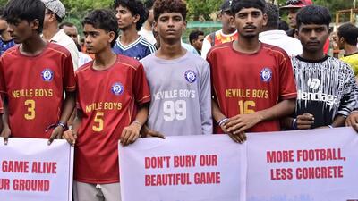 Mumbai, India - June 28, 2026: Players, parents, and football enthusiasts stage a peaceful protest at Neville D'Souza Football Ground, Bandra Reclamation in Mumbai, India, on Sunday, June 28, 2026. (Photo by Anshuman Poyrekar/Hindustan Times) (Anshuman Poyrekar/HT Photo) Mumbai, India - June 28, 2026: Players, parents, and football enthusiasts stage a peaceful protest at Neville D'Souza Football Ground, Bandra Reclamation in Mumbai, India, on Sunday, June 28, 2026. (Photo by Anshuman Poyrekar/Hindustan Times) (Anshuman Poyrekar/HT Photo)