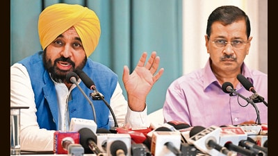 Punjab chief minister Bhagwant Mann addressing the media with AAP supremo Arvind Kejriwal in Amritsar on Sunday. (AFP) Punjab chief minister Bhagwant Mann addressing the media with AAP supremo Arvind Kejriwal in Amritsar on Sunday. (AFP)