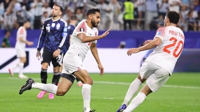 Mousa Altamari (left) latched onto a nice pass from the right to pull one back for Jordan in the 55th minute of the game. (Getty Images via AFP) Mousa Altamari (left) latched onto a nice pass from the right to pull one back for Jordan in the 55th minute of the game. (Getty Images via AFP)