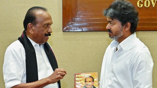 MDMK founder and General Secretary Vaiko calls on Tamil Nadu Chief Minister S. Joseph Vijay, in Chennai on Wednesday. (ANI)