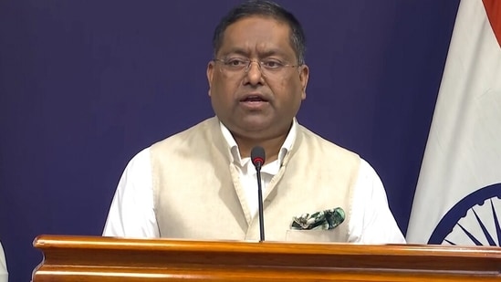 Ministry of External Affairs spokesperson Randhir Jaiswal addresses a press briefing, rejecting Pakistan's allegation that India was behind the recent terrorist attack in Karachi and urging Islamabad to take credible action against terror infrastructure operating from its soil. (ANI Video Grab )