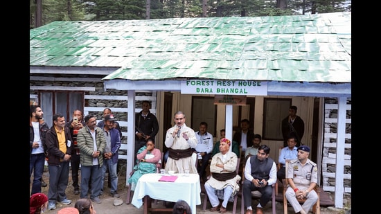Himachal chief minister Sukhvinder Singh Sukhu speaks during the visit to Bara Bhangal, in Kangra on Saturday. (CMO HP)