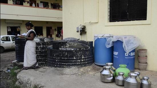 Pune, India, June 26, 2017 : Phursungi Gram Panchayat puts Water storage tanks in various places of Phursungi, Pune Municipal Corporation supplies water through Water tanker in this tanks once in a 10 days at Harpale vasti Phursungi, Pune, India on June 26, 2017. (Prachi Bari story). (Ravindra Joshi /HT Photo).