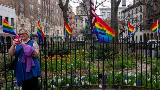 The rainbow Pride flag flies at the Stonewall National Monument on April 13, 2026, in New York City. The Trump administration announced Monday that it has agreed to continue flying the rainbow-colored flag over the monument, which commemorates historical events in LGBTQ+ history. The Stonewall Inn was the site of a protest in the 1960s that gave rise to the gay liberation movement. (Getty Images via AFP)