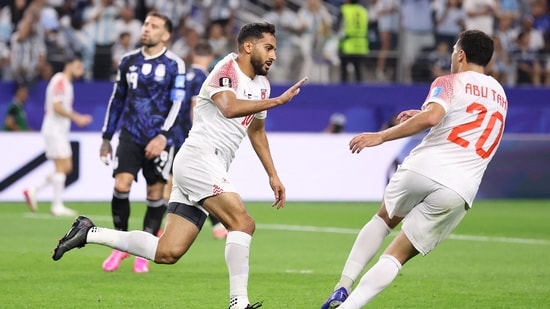 Mousa Altamari (left) latched onto a nice pass from the right to pull one back for Jordan in the 55th minute of the game.(Getty Images via AFP)