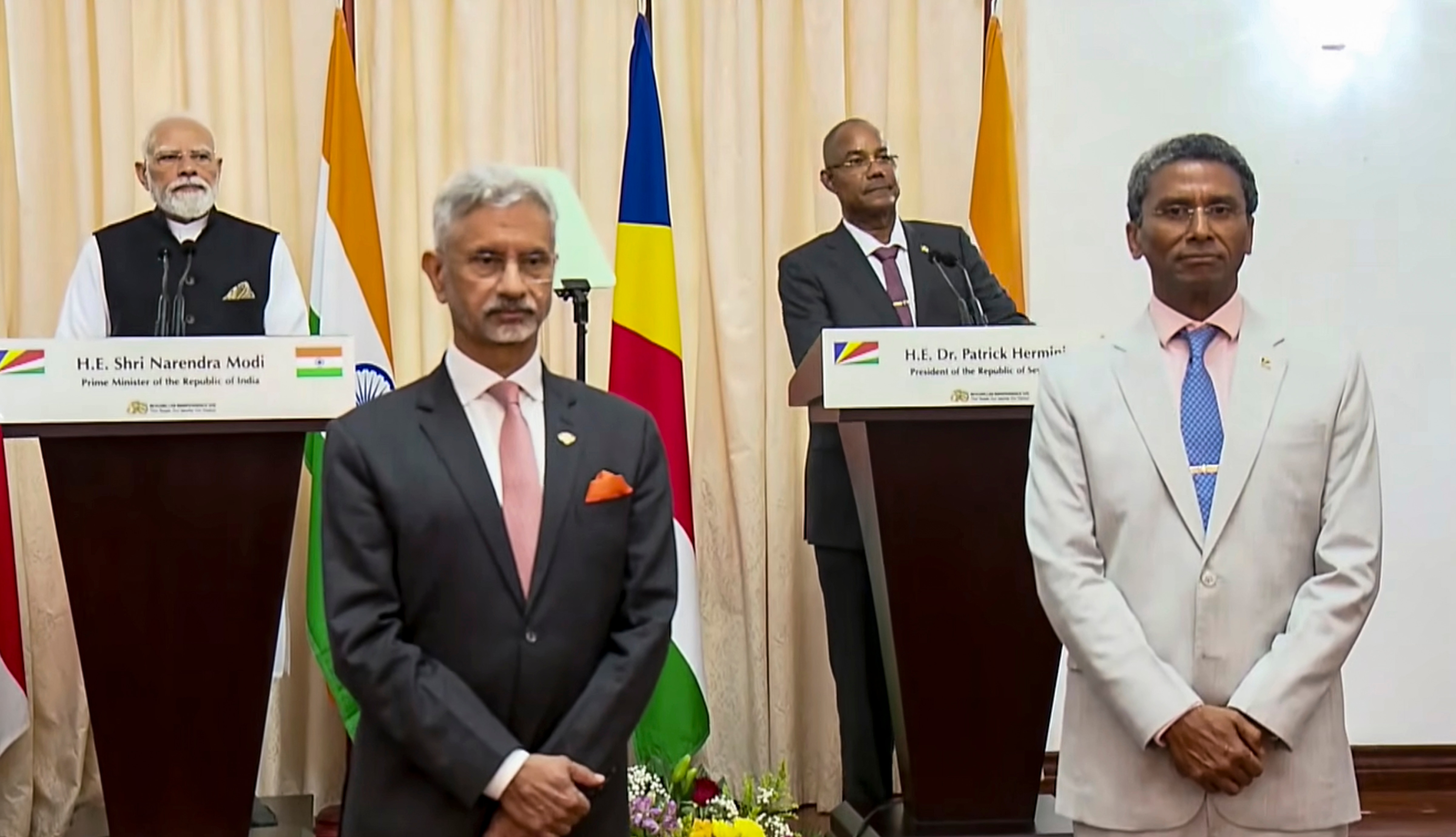 Prime Minister Narendra Modi and Seychelles President Patrick Herminie during a joint press meet, in Seychelles. EAM S. Jaishankar also seen. (@NarendraModi) Prime Minister Narendra Modi and Seychelles President Patrick Herminie during a joint press meet, in Seychelles. EAM S. Jaishankar also seen. (@NarendraModi)