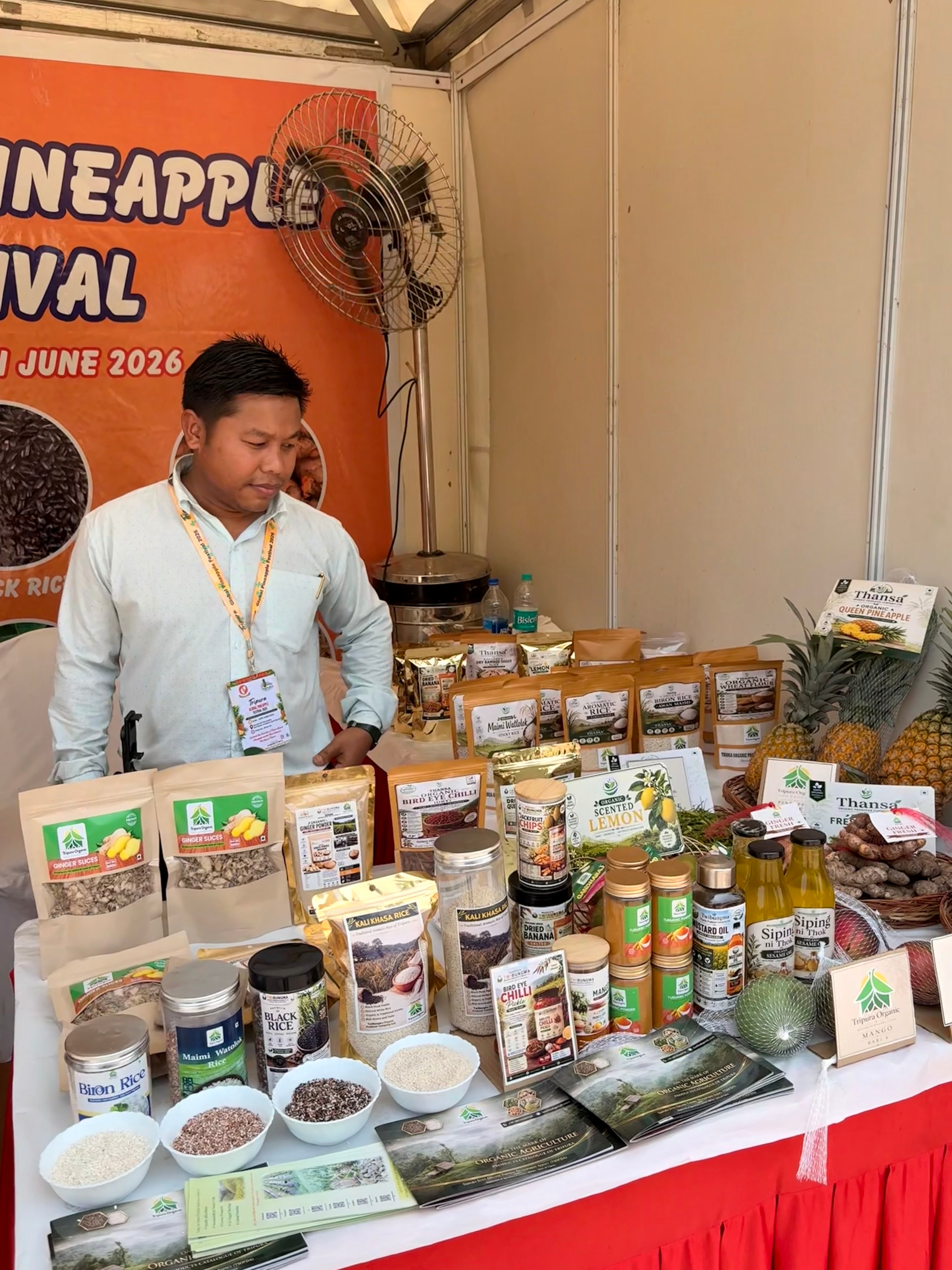 Anthony Debormar, a stall vendor, showcases a variety of organic food staples from Assam. (Photo: Anshita Jain/HT) Anthony Debormar, a stall vendor, showcases a variety of organic food staples from Assam. (Photo: Anshita Jain/HT)