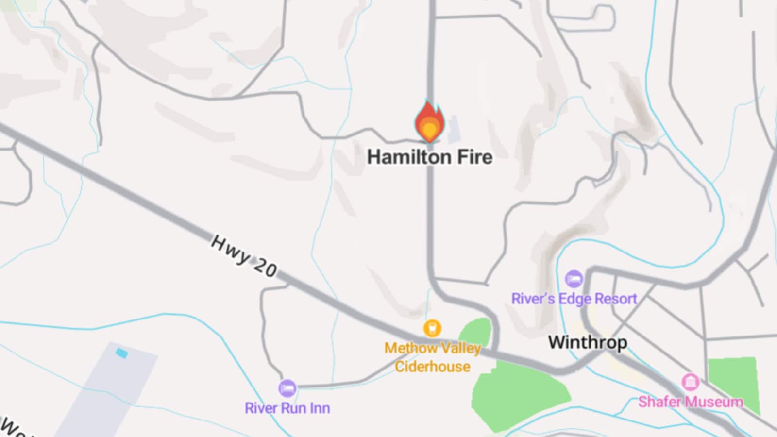 The Winthrop fire is located just north of the Methow Valley area. (Mapbox via WatchDuty) The Winthrop fire is located just north of the Methow Valley area. (Mapbox via WatchDuty)