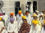 Aam Aadmi Party Sikh MLAs appearing before Akal Takht in the Golden Temple complex in Amritsar on Monday. (HT Photo)