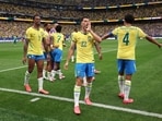 Gabriel Martinelli celebrates with teammates after scoring the team's second goal during the FIFA World Cup 2026 Round Of 32 match